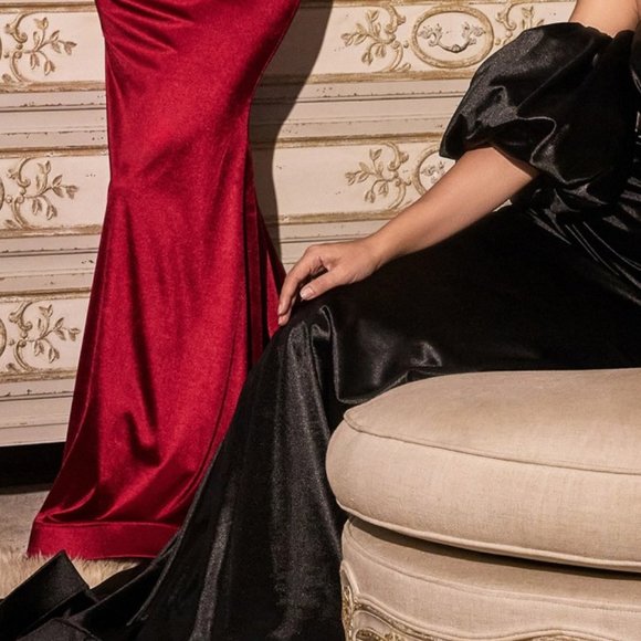 NWT BURGUNDY COLOR PROM SHEATH EVENING PARTY SATIN GOWN WITH PUFF SLEEVE CD983 - Picture 4 of 6